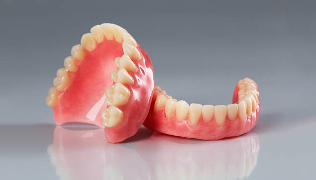 Two dentures displayed on gray surface showing teeth and pink gum detail.