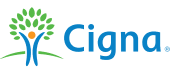 Cigna insurance logo featuring stylized person with green leaf crown in blue and green colors.