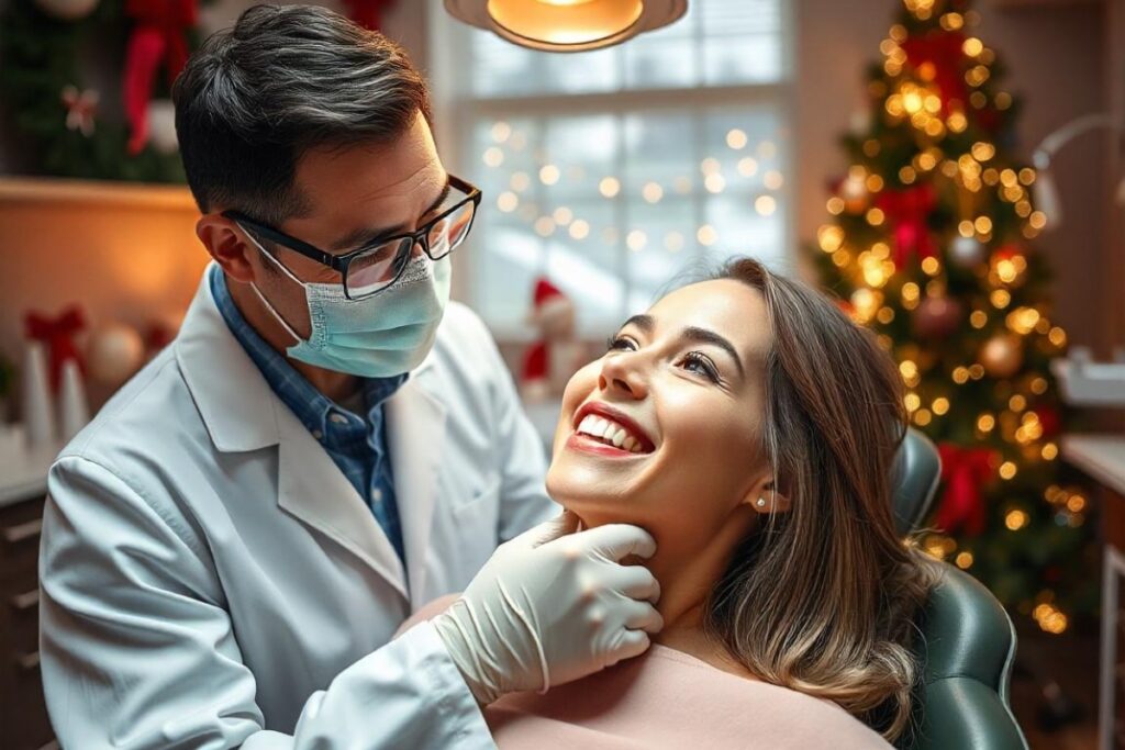 Cosmetic dentist performing treatment before Christmas