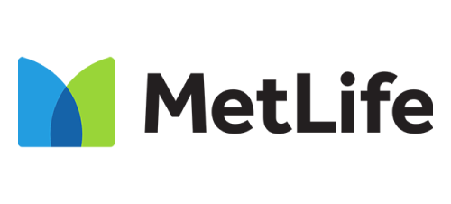 MetLife logo featuring blue and green geometric shapes with company name text.