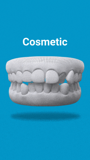 3D dental model showing teeth arrangement against blue background with "Cosmetic" label above