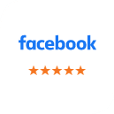 Facebook logo with five orange stars below indicating customer rating or review