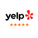 Yelp logo with five gold stars, representing excellent customer reviews for Dental Wellness of Anna.