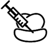 Syringe injecting liquid into a rounded object on a plate, representing dental injection or anesthesia procedure.